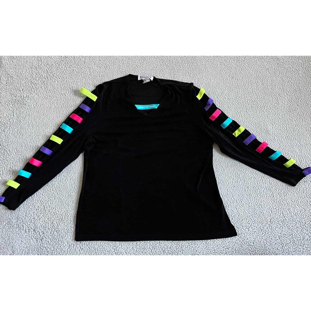 Vintage Kokomo Top 1X Slinky Stretch Rhineston Colorful Cutout Long Sleeve Black